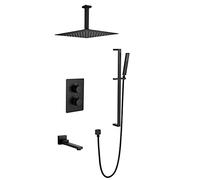 ZQFHSX Système de Douche thermostatique encastré Noir avec pommeau de Douche Effet Pluie carré de 10 à 12 Pouces et robinets de Baignoire, Barre de Douche coulissante, Montage au Plafond,