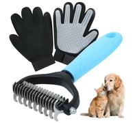 ZQJKLE Gants de toilettage pour chat et chien pour brosses de perte de poils 1 paire et 1 râteau de toilettage pour animaux de compagnie, double face, brosse de démêlage et massage, sans danger pour