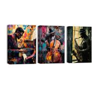 ZQQART Lot de 3 toiles murales noires jazz jouant des instruments de musique - Peinture afro-américaine pour salle de classe - Décoration encadrée (blanc, 30,5 x 40,6 x 3 pièces)