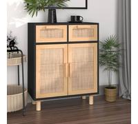 ZQQLVOO Buffet noir 60 x 30 x 75 cm en bois massif de pin et rotin naturel avec 2 tiroirs et 2 compartiments pour espace de rangement, plateau supérieur stable et pieds en bois de pin, durable