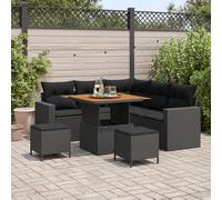 ZQQLVOO Ensemble de canapé de jardin 8 pièces avec coussins noirs en polyrotin et acacia - Salon d'extérieur moderne pour balcon, terrasse - Ce canapé de jardin 8 pièces noir en poly robuste