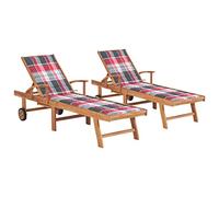 ZQQLVOO Lot de 2 chaises longues avec coussins - Motif à carreaux rouges - En bois massif - En teck massif - Pour jardin, terrasse, arrière-cour, piscine