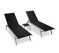 ZQQLVOO Lot de 2 chaises longues avec table en acier et textilène noir - Ensemble de meubles de jardin pour terrasse et camping. Ce lot comprend deux chaises longues résistantes et une