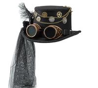 Zqxnt Chapeau haut de forme antique à plumes avec longues lunettes de voile, thème victorien, pour spectacles sur scène et bal masqué, accessoire de photographie