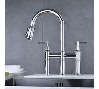 ZR98US Bridge Kitchen Faucet with Pull Out Spray Nozzle, Three Holes and Two Handles for Sink, Kitchen Faucet, Ventilated Flow and Spray for Bathroom, Kitchen (Matte Black)