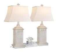 ZR98US Lampe Table en résine côte Nautique 2 Pack avec Doubles Ports USB Une Prise AC pour Chambre décor de la Maison des bulbes LED adaptés Salon, dortoir, au Bureau (Blanc lavé)