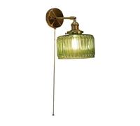 ZR98US Striped Glass Shade Lamp, Industrial Brass Lights Adjustable Swing Arm Wall with Pull Chain for Bedroom Living Room(Green)