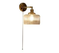 ZR98US Striped Glass Shade Lamp, Industrial Brass Lights Adjustable Swing Arm Wall with Pull Chain for Bedroom Living Room(Green)