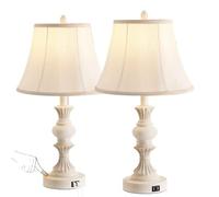 ZR98US Table Lamp Antique White 2-Pack - Touch Dimmable with USB Charging, Faux Silk Shade