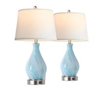 ZR98US Touch Desk Lamp Pack, Verre d'art Gris Bleu avec Port USB, Tambour Blanc à 3 Voies, pour la Chambre de adaptée Salon, dortoir, au Bureau,