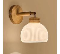 ZR98US White Glass Lamp, Nordic Retro Solid Wood Half Globe Wall for Loft Living Room Bedroom Bedside Reading(Round Base)