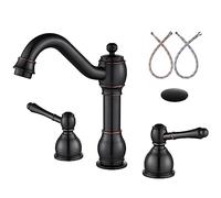 ZR98US Widespread Bathroom Sink Faucet - Antique Brass, Double Lever Handle, 3 Hole Deck Mount Mixer Tap with Pop Up Drain Assembly - Ideal for Vanities and Basins