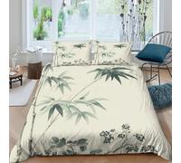 ZRHSADO Bamboo Leaves Housse de Couette 3D Effet Microfibre 3 Pièces Hypoallergique Asian Ink Peinture Style Parure de Lit avec Taie d'oreiller Ultra Douce for Fille Single（135x200cm）