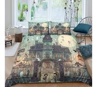 ZRHSADO Haunted Mansion Ensemble De Literie 3 pièces 3D Effet Respirante Gothic Horror Illustration Housse de Couette avec 2 Taies d'oreiller Confortable for Chambre à Coucher Single（135x200cm）