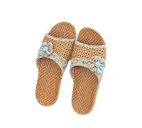 ZRHWSPD Chaussons de Paille Breathable Flower Non Slip Linen Shoes Bottom Home Slippers(Green,35-36)