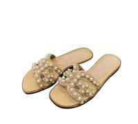 ZRHWSPD Chaussons de Paille Pearl Straw Women's Slippers Beach High End Comfortable Flat Sandals(36)