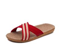 ZRHWSPD Chaussons de Paille Slippers Flat Sandals Linen Lightweight Casual(Red,37-38)