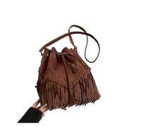 ZRHWSPD Sac À Main Frangé Pour Femme Sac bandoulière à pompons vintage en cuir suédé, sac main seau voyage(Coffee)