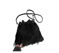 ZRHWSPD Sac À Main Frangé Pour Femme Sac bandoulière à pompons vintage en cuir suédé, sac main seau voyage(Black)