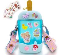 ZRHXG Kawaii - Gourde mignonne pour crème glacée - Avec paille et bandoulière - Bouteille d'eau portable anti-fuite - Pour filles mignonnes - École (400 ml, bleu)