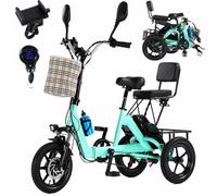 ZRLYbau Tricycle Électrique Pliable Adulte 14 Pouces 3 Roues 2 Places E-Trike avec Phare LED Feu Arrière Double Panier Avant et Arrière Écran LCD pour Senior Femme Homme Vélo Cargo Green