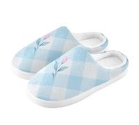 ZRWLUCKY Pantoufle à motif floral vichy bleu blanc pour homme et femme avec mousse à mémoire de forme, Motif floral vichy bleu blanc, 9/10 UK Men/ 10/11 UK Women Wide