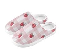 ZRWLUCKY Pantoufle en mousse à mémoire de forme pour homme et femme Motif fraises et oiseaux sur vichy rose, Fraises et oiseaux sur vichy rose, 9/10 UK Men/ 10/11 UK Women Wide