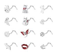 ZS 12 Pièces Piercings Nez Hypoallergéniques Acier Inoxydable 20G Motif Chauve-Souris, Crâne, Citrouille, Tire-Bouchon En Forme De L Argenté Noir Pour Femme Homme (Argenté, Tire-bouchon)