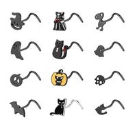 ZS 12 Pièces Piercings Nez Hypoallergéniques Acier Inoxydable 20G Motif Chauve-Souris, Crâne, Citrouille, Tire-Bouchon En Forme De L Argenté Noir Pour Femme Homme (Noir, Tire-bouchon)