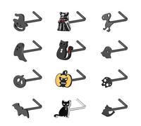 ZS 12 Pièces Piercings Nez Hypoallergéniques Acier Inoxydable 20G Motif Chauve-Souris, Crâne, Citrouille, Tire-Bouchon En Forme De L Argenté Noir Pour Femme Homme (Noir, Forme en L)