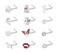 ZS 12 Pièces Piercings Nez Hypoallergéniques Acier Inoxydable 20G Motif Chauve-Souris, Crâne, Citrouille, Tire-Bouchon En Forme De L Argenté Noir Pour Femme Homme (Argenté, Forme en L)
