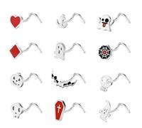 ZS 12 Piezas Piercings Nez Halloween Acier Inoxydable 20G - Nez Anneau Forme De L Hypoallergéniques Nez Stud Pour Femmes Hommes Argent Noir (Argenté, Tire-bouchon)
