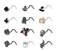 ZS 12 Piezas Piercings Nez Halloween Acier Inoxydable 20G - Nez Anneau Forme De L Hypoallergéniques Nez Stud Pour Femmes Hommes Argent Noir (Noir, Tire-bouchon)