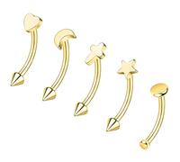 ZS 5 Pièces Acier Inoxydable Anneaux Sourcils Bijoux Piercing Sourcils, 16G Piercing Nombril Curved Navel Barbell Spike Hélice Daith Tragus Piercing Vertical Labret Lèvre Bijoux (Or, L:10mm)