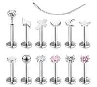 ZS Lot de 12 boucles d'oreilles à tige en acier inoxydable 16 g/18 g Médusa Monroe à filetage interne pour tragus, hélix, conque, cartilage - Pour homme et femme, 16g, L:6mm, Acier inoxydable, Zircon