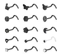 ZS Lot de 15 anneaux de nez pour femme - Acier inoxydable 20 g - Vis en forme de L - Noir, Acier inoxydable, Oxyde de Zirconium