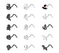 ZS Lot de 15 piercings de nez en acier inoxydable noir, 20 g pour Halloween, anneaux de nez en forme de L, fantôme, tête de mort, chauve-souris, bijoux pour homme et femme, Acier inoxydable, Pas de