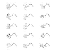 ZS Lot de 15 piercings de nez en forme de L en forme de L en forme de tire-bouchon pour Halloween, tête de mort, chauve-souris, bijoux pour homme et femme, Acier inoxydable, Pas de gemme