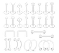 ZS Lot de 28 piercings en plastique Bioflex en forme de fer à cheval transparent pour septum, lèvre, sourcil, nombril, téton, cartilage, tragus, Acrylique, Pas de gemme