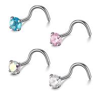 ZS Lot de 4 anneaux de nez en titane de qualité 23 pour femme, 2 mm 3 mm, anneaux de nez incurvés/tire-bouchon/spirale, Cristal Strass, Oxyde de Zirconium