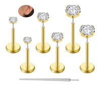 ZS Lot de 6 boucles d'oreilles labret sans filetage 16 G 18 G 20 G en acier inoxydable à dos plat pour cartilage tragus pour femme, hypoallergéniques Monroe Medusa, Acier inoxydable, No Gemstone