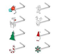 ZS Lot de 8 Bijoux Nez Christmas en Acier Inoxydable 20G, Piercings Nostille L/Spiral Cachemire avec Motifs Sapin, Flocon, Renne - Cadeau de Noël Idéal pour Femme Homme (Ensemble A, L-shapes)