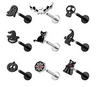 ZS Lot de 9 Piezas Piercings Labret Acier Inoxydable 16g, Filetage Interne Bijoux Piercing La Lèvre Monroe Medusa Conque Tragus Boucles d'Oreilles Pour Femmes Hommes (Noir,L:6mm)