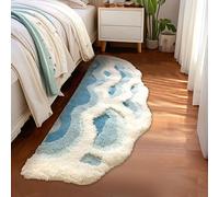 ZSHIFANG Tapis de chevet à poils longs de 0,6 x 1,8 m - Motif vague stéréo 3D - Bleu marine - Antidérapant - Lavable - Pour chambre à coucher, salle de bain, couloir, décoration d'intérieur