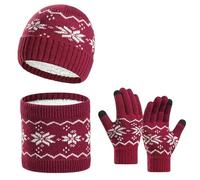 ZSLFCBD Bonnet Homme 3 Pièces Hiver Chapeau Gants Snood Écharpe Ensemble Crâne Casquettes Épaissi Doublé Écharpes Casquette pour Hommes Femmes-vin Rouge