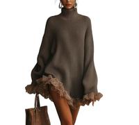 ZSLFCBD Robe Femme Pull À Col Roulé pour Femmes, Automne, Épissage Volants, Manches Longues, Élégante, Mini Tricotée Surdimensionnée-Marron-s