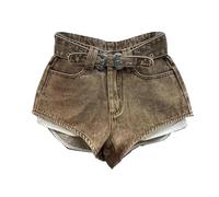 ZSLFCBD Short Jeans Femme Marron Rétro avec Une Ceinture Coupée, Taille Haute, Mode Personnalisée, Jambes Larges, Pantalons Chauds pour Femmes-comme Indiqué_a-XL