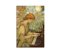 ZSLYMX Poster sur toile représentant une figurine jouant du piano avec des ailes lumineuses et colorées - Art mural minimaliste moderne - Peinture décorative à suspendre - 60 x 90 cm
