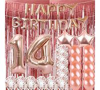 ZSNWGZ Décorations de fête pour 14e anniversaire - Ballons or rose en forme de chiffre 14 - Ballons en mylar - Rideaux à franges en feuille d'or rose - Toile de fond pour photo - Excellent 14e