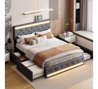 ZSSWSS Lit capitonné, 160 x 200 cm, avec 4 tiroirs, lit double en lin, avec tête de lit LED réglable et station de charge, cadre de rangement avec sommier à lattes, pour chambre d'adolescent, gris
